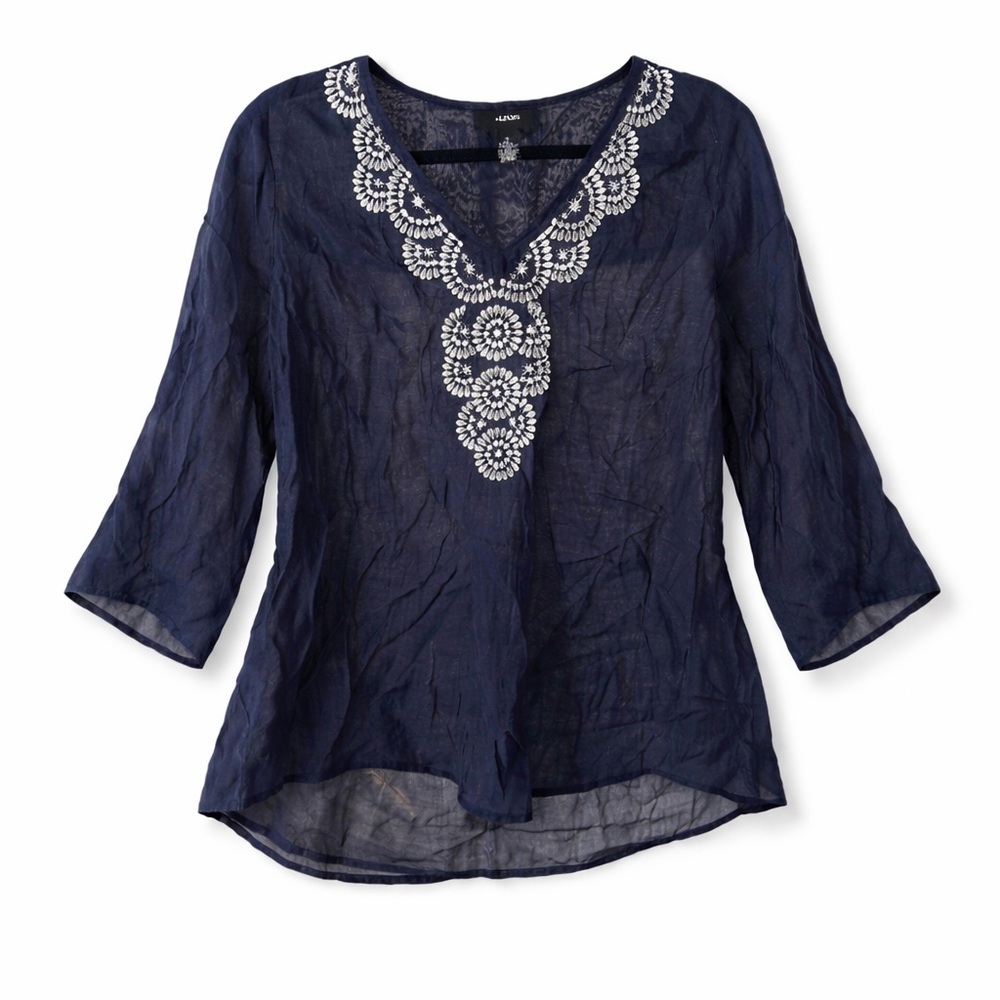 navy blue Alfani sheer embroidered V-neck blouse